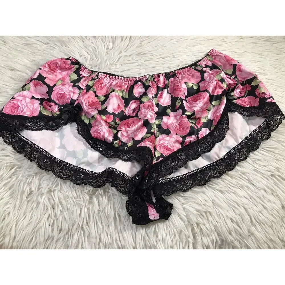 Y2K Women's Satin Silk like feel Floral Lace Trim Shorts Size L Lingerie Style